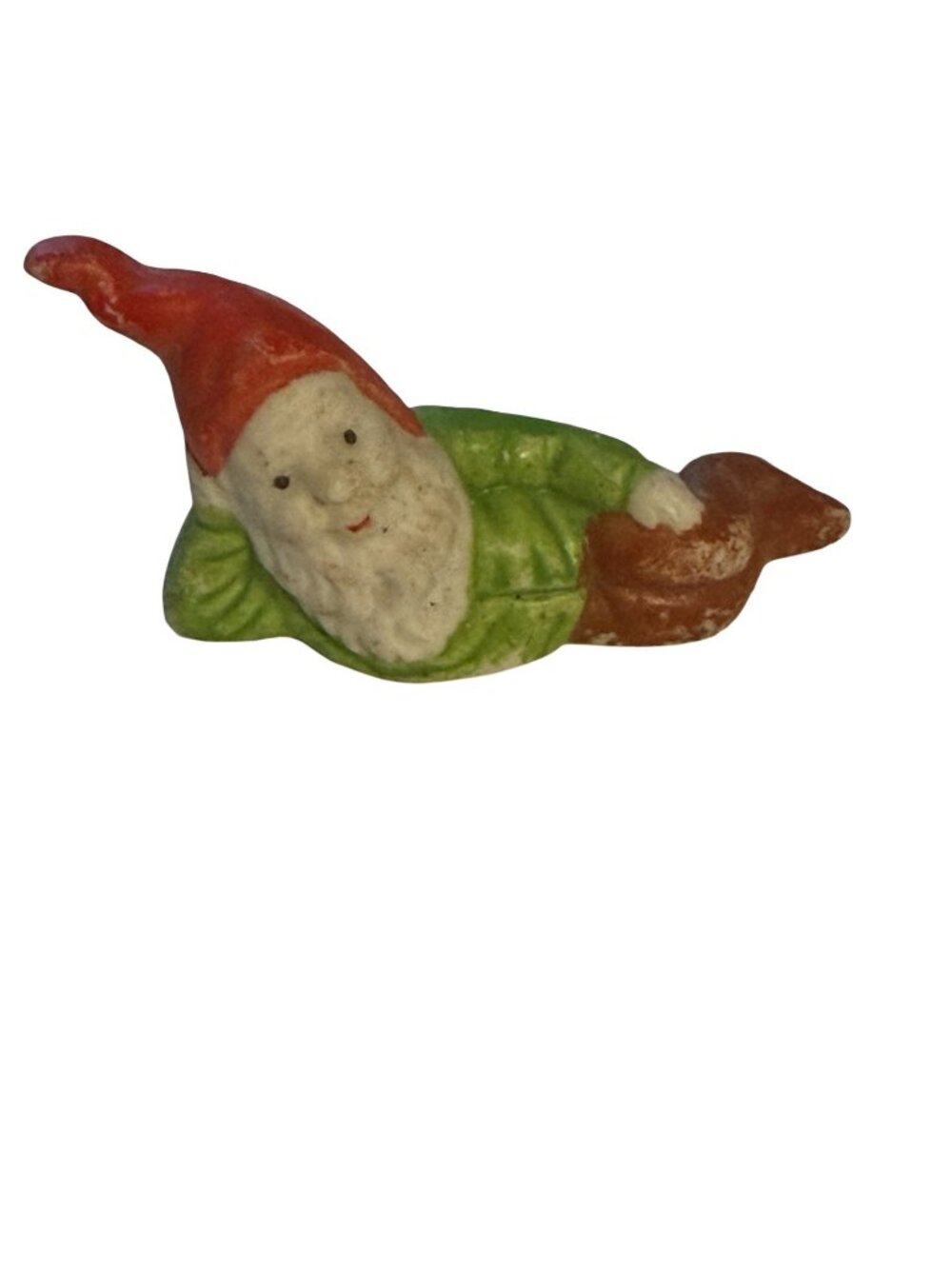 Vintage Miniature Ceramic Reclining Gnome Figurine Elf Pixie Red Hat 2.5"